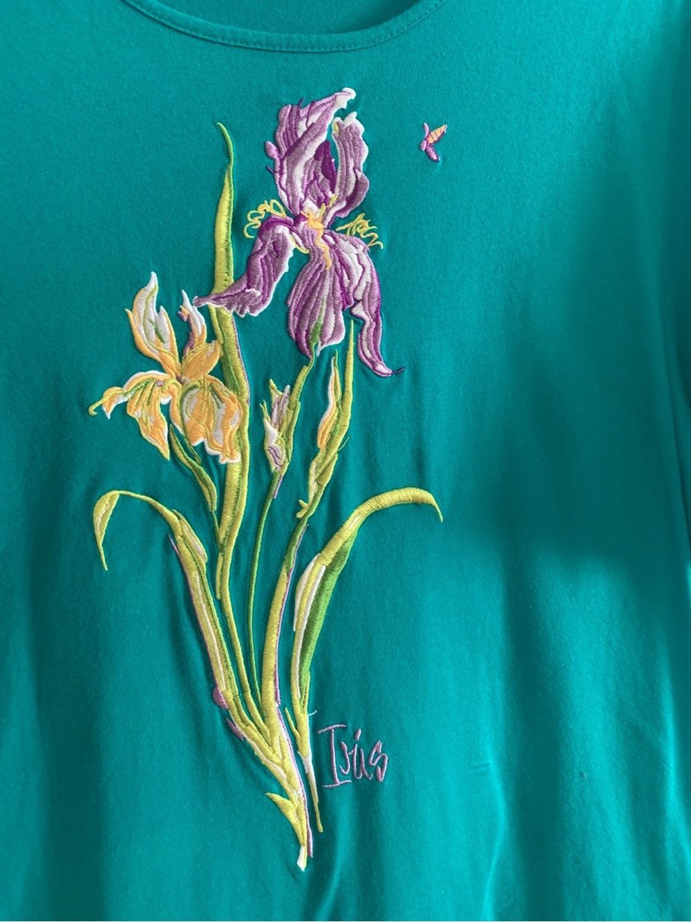 Bob Mackie Wearable Art Emerald T-Shirt Embroidered Iris Artsy Statement - Picture 2 of 9